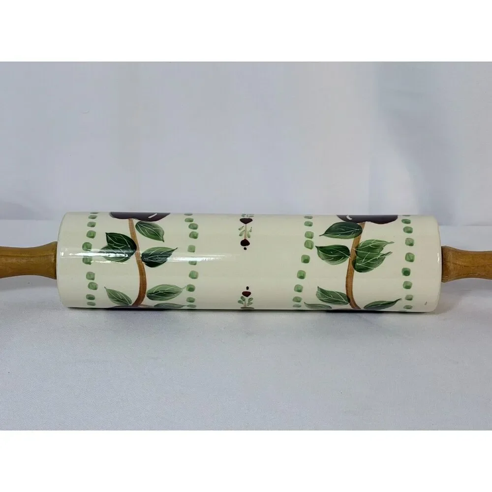 VTG Stoneware Cherry Red Rolling Pin Wood Handles Country Kitchen Orchard
